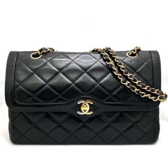 Authentic CHANEL CC Paris Limited Double Flap Bag Lambskin Matelasse Chain Black - Picture 1 of 14